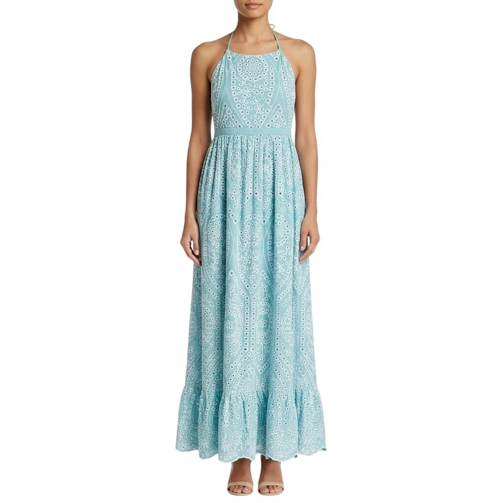 Altar'd State Lennox Maxi Dress Women XS Blue Eyelet Halter Boho Ruffle Festival